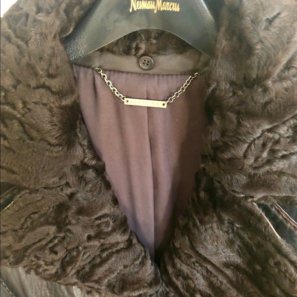 Elie Tahari Brown Leather Coat w/Removable Collar
